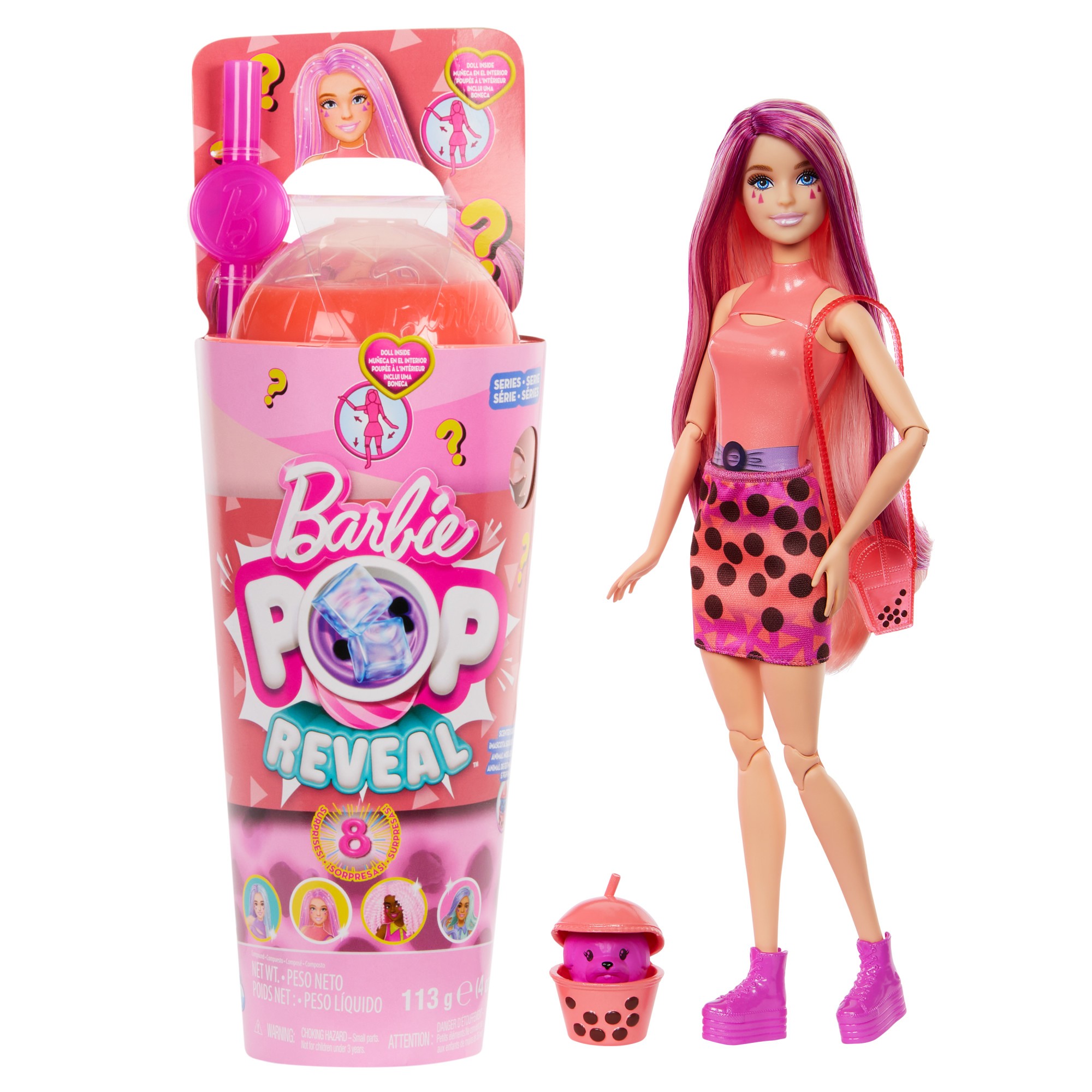 Barbie Pop Reveal Mango Doll Bubble Tea Series Voňavá módna bábika, domáci miláčik a 8 prekvapení vrátane meniacej farby, senzorickej hračky a hernej sady s prekvapením, HTJ22